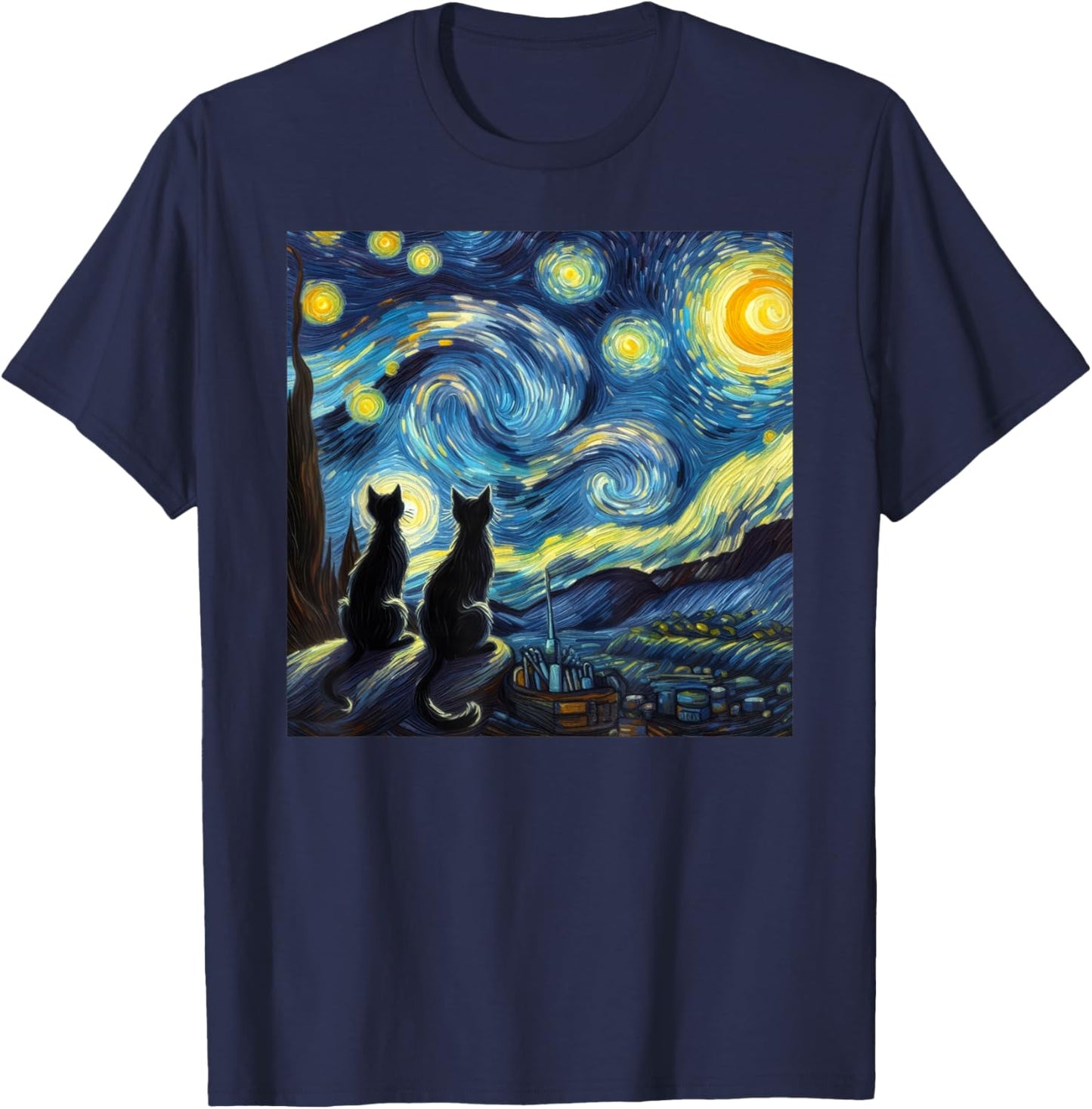 Black Cats Lover Starry Night Van Gogh T-Shirt - T-Shirt | Navy