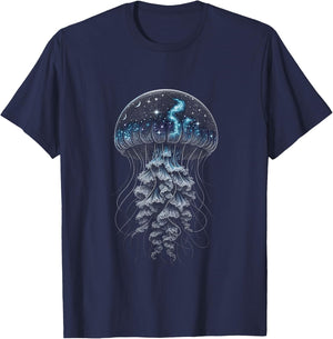 Starry Night Jellyfish - Ocean Meets Galaxy T-Shirt - T-Shirt | Navy