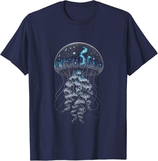 Starry Night Jellyfish - Ocean Meets Galaxy T-Shirt - T-Shirt | Navy