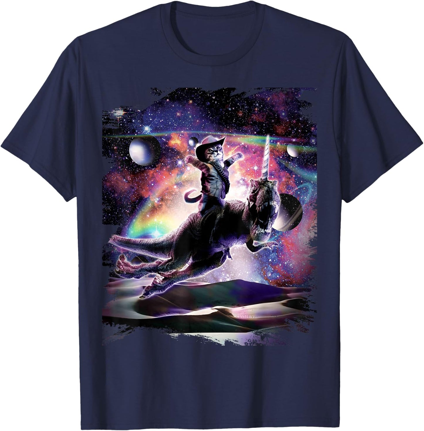 Galaxy Cat On Dinosaur Unicorn In Space T-Shirt - T-Shirt | Navy