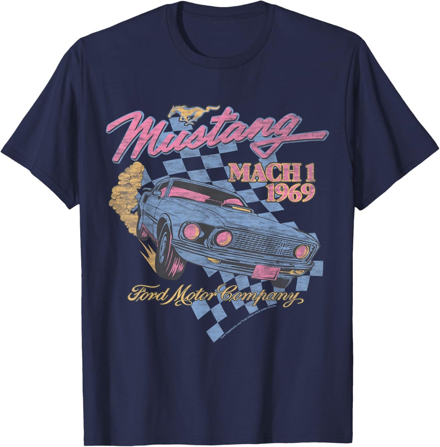Ford - Blue Mustang Mach 1 1969 Checkered Background T-Shirt - T-Shirt | Navy