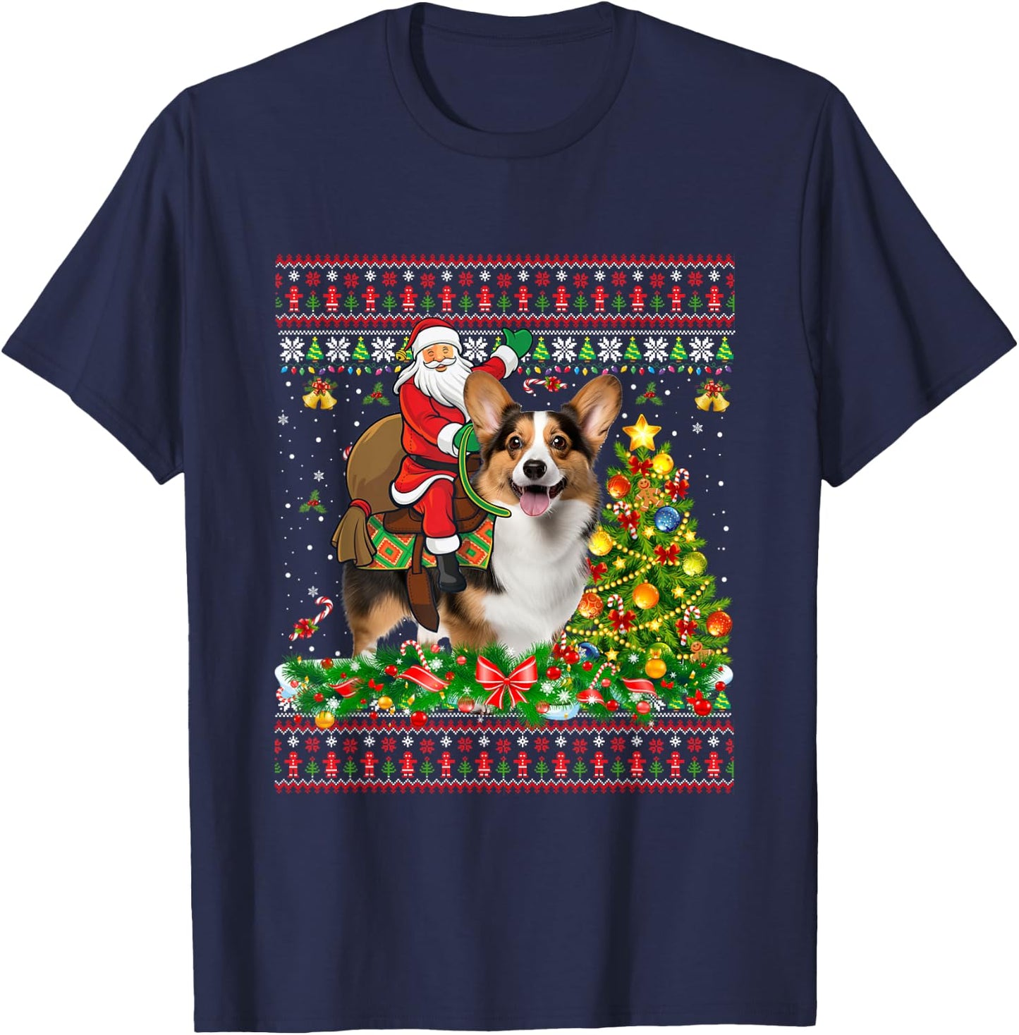 Xmas Sweater Ugly Santa Riding Corgi Dog Christmas T-Shirt - T-Shirt | Navy