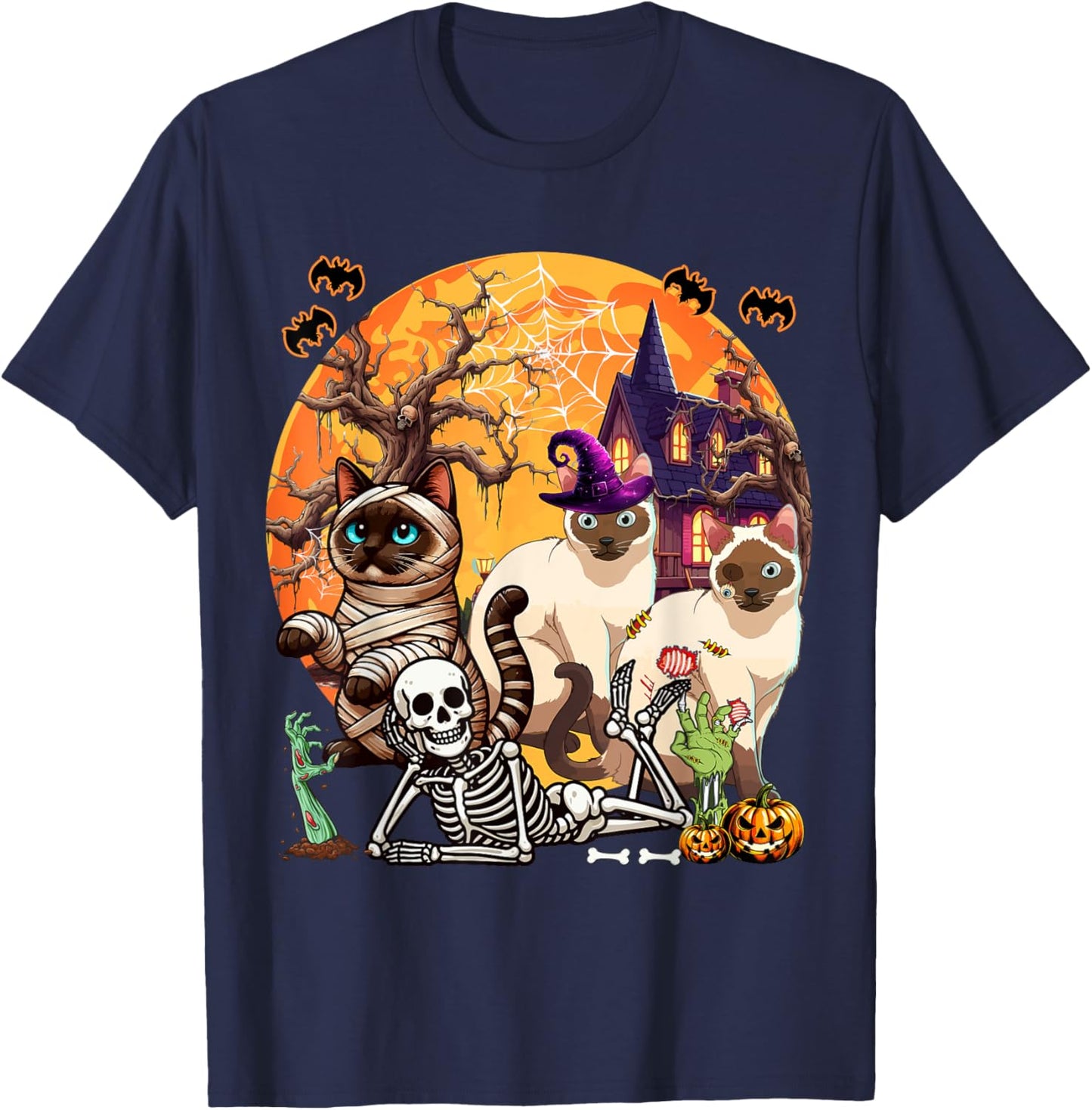 Three Horror Siamese Cats Cosplay Witch Halloween Skeleton T-Shirt - T-Shirt | Navy