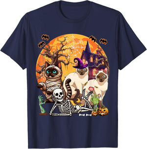 Three Horror Siamese Cats Cosplay Witch Halloween Skeleton T-Shirt - T-Shirt | Navy