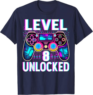 Level 8 Unlocked Shirt Funny Video Gamer Geek 8th Birthday T-Shirt - T-Shirt | Navy