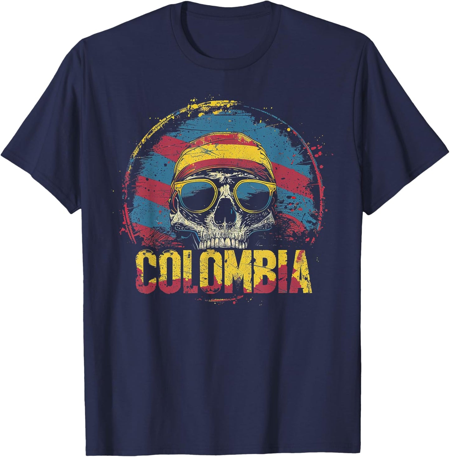 Colombian Colombia Flag - Skull Skeleton Vintage Country T-Shirt - T-Shirt | Navy