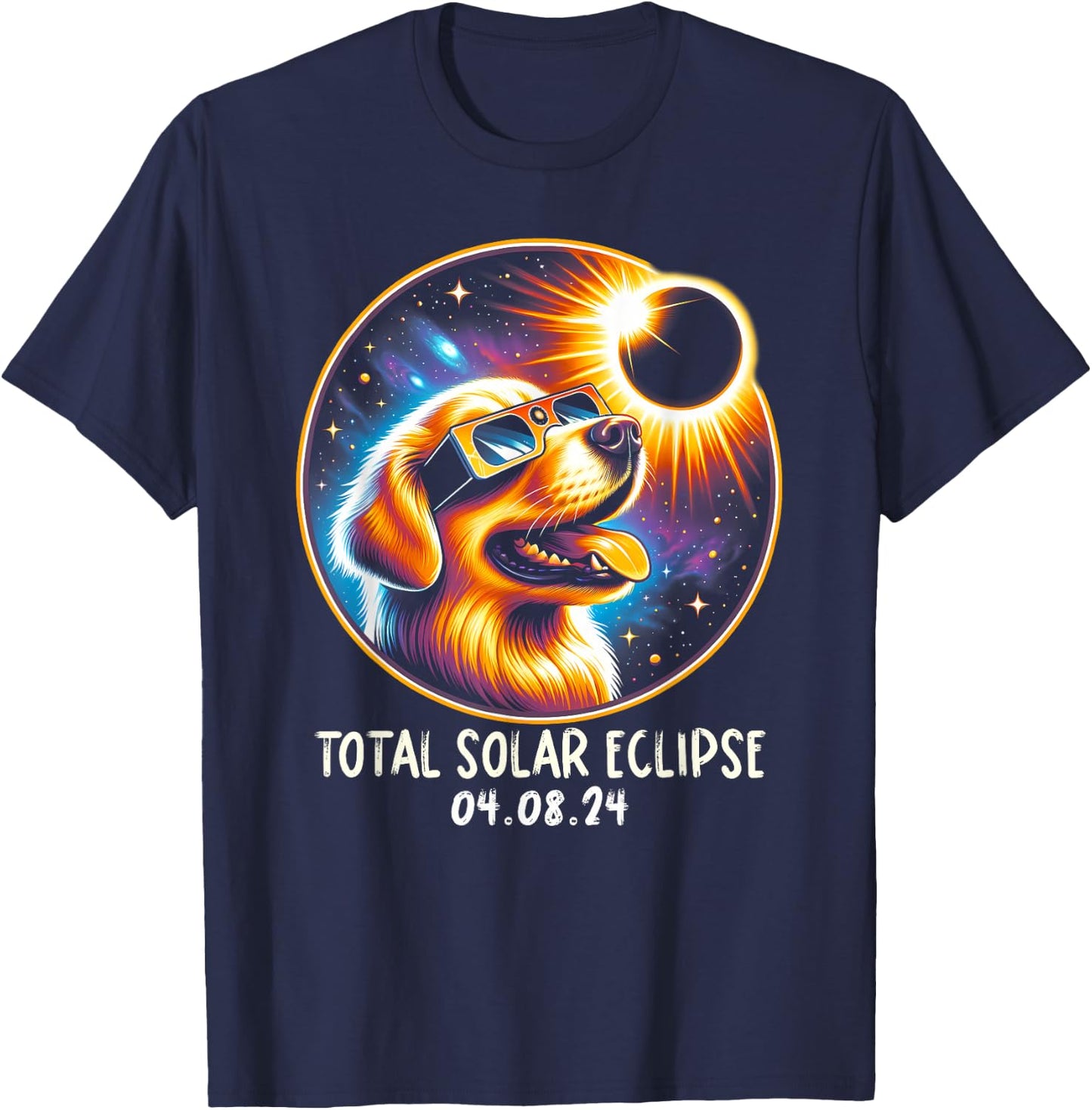 Solar Eclipse Golden Retriever Wearing Glasses April 8 2024 T-Shirt - T-Shirt | Navy