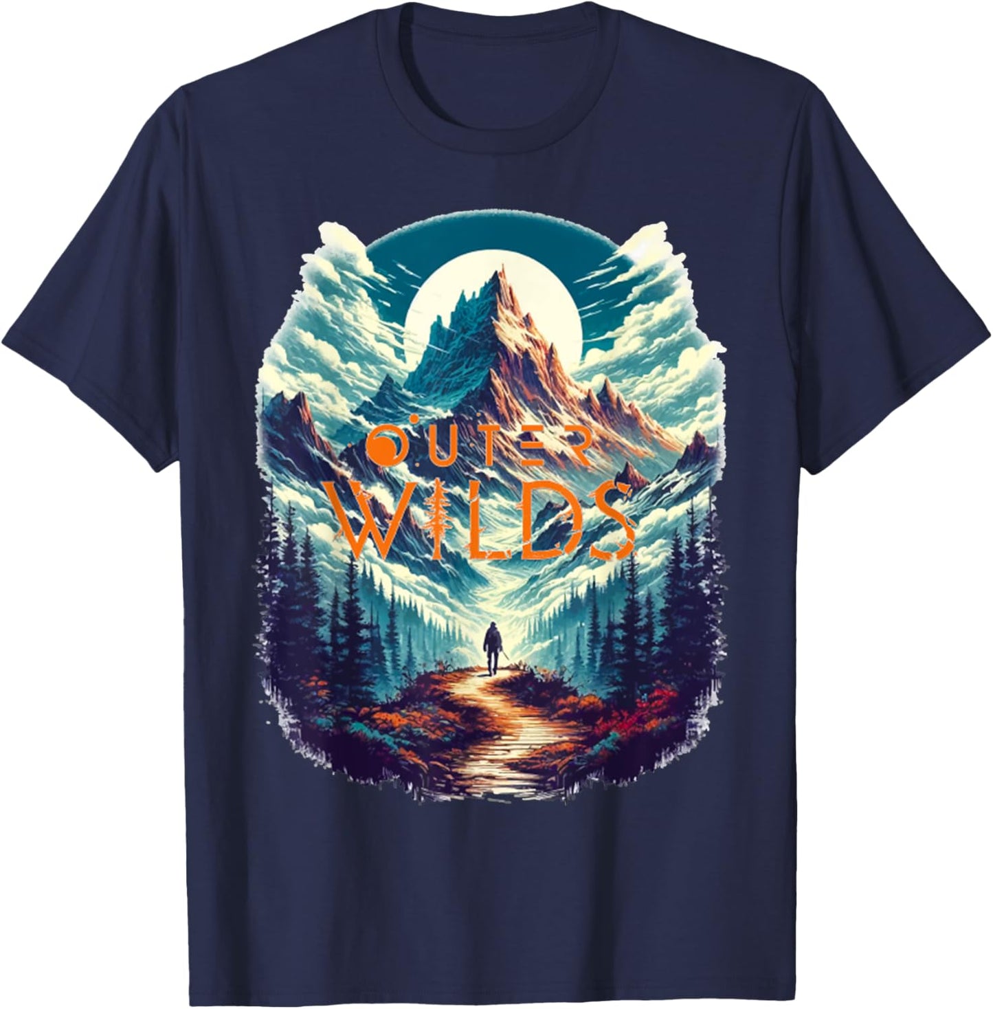 Retro Outer Wilds Text Moon Mountain Forest Tree House Sun T-Shirt - T-Shirt | Navy