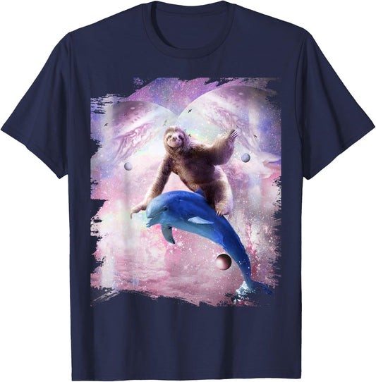 Space Sloth Riding Dolphin T-Shirt - T-Shirt | Navy