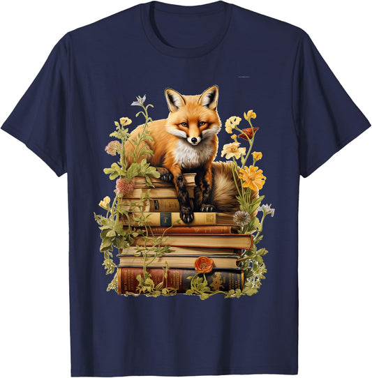 Cottagecore Aesthetic Fox with Book Reading Goblincore T-Shirt - T-Shirt | Navy