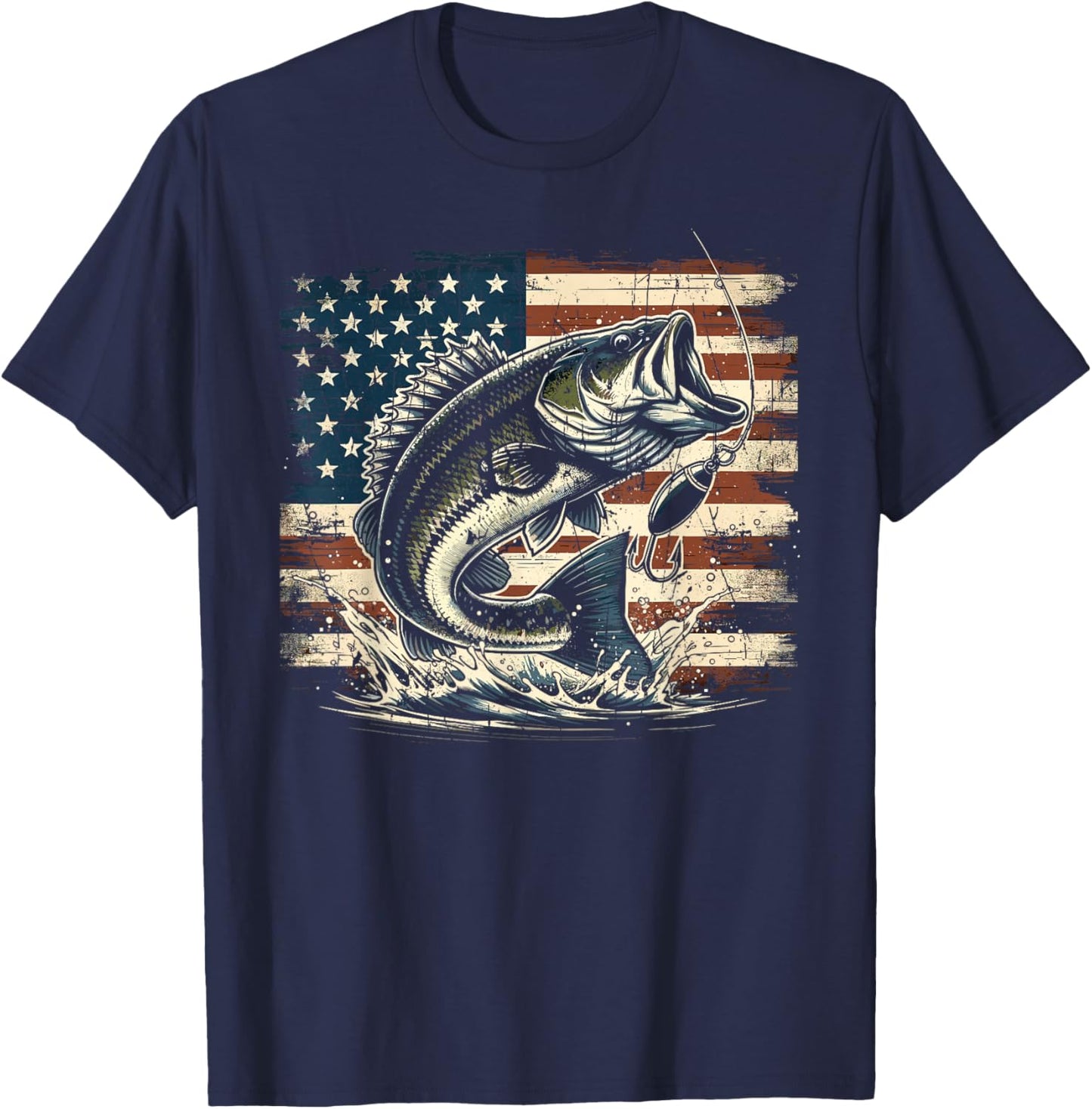Fishing US American Flag Bass Fish Fisherman T-Shirt - T-Shirt | Navy