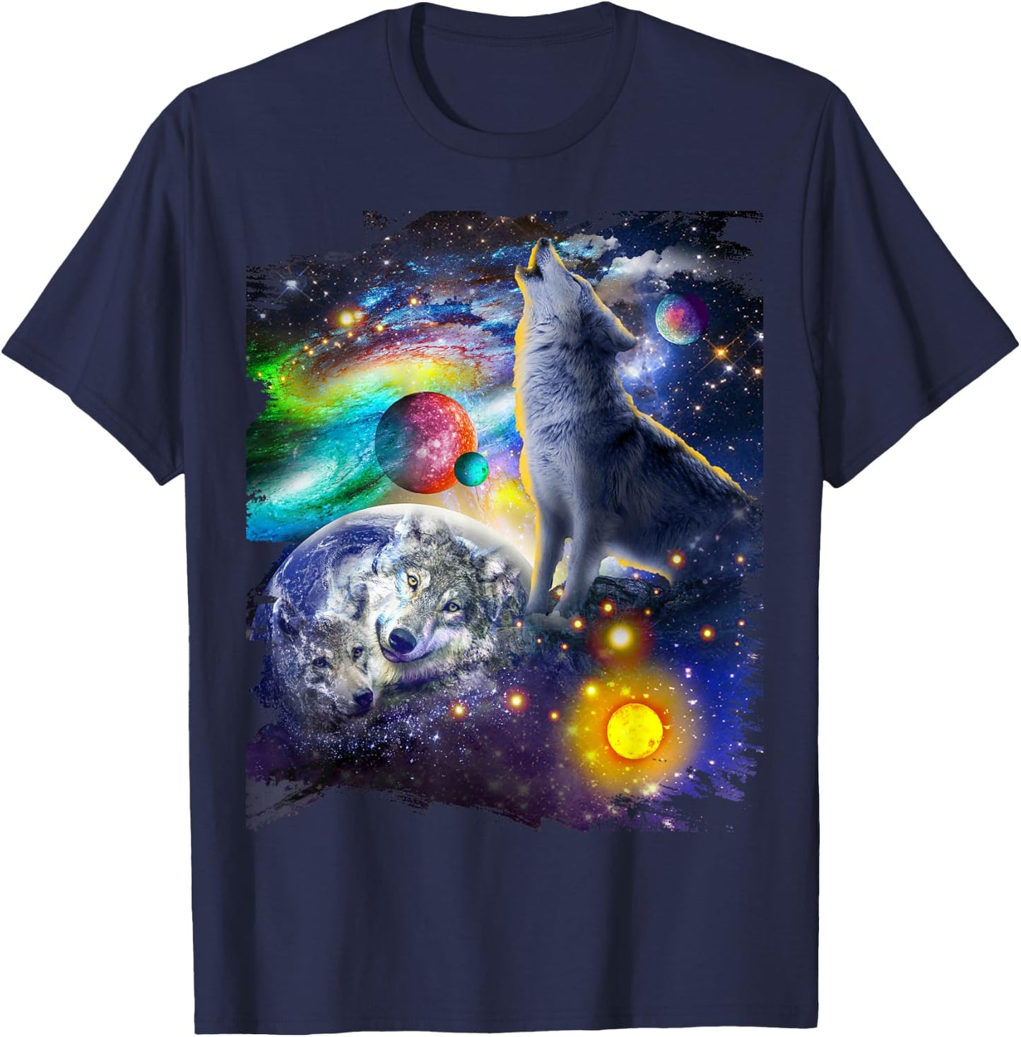 Cosmic Space Wolf, Wolves Family Howling, Reflections T-Shirt - T-Shirt | Navy