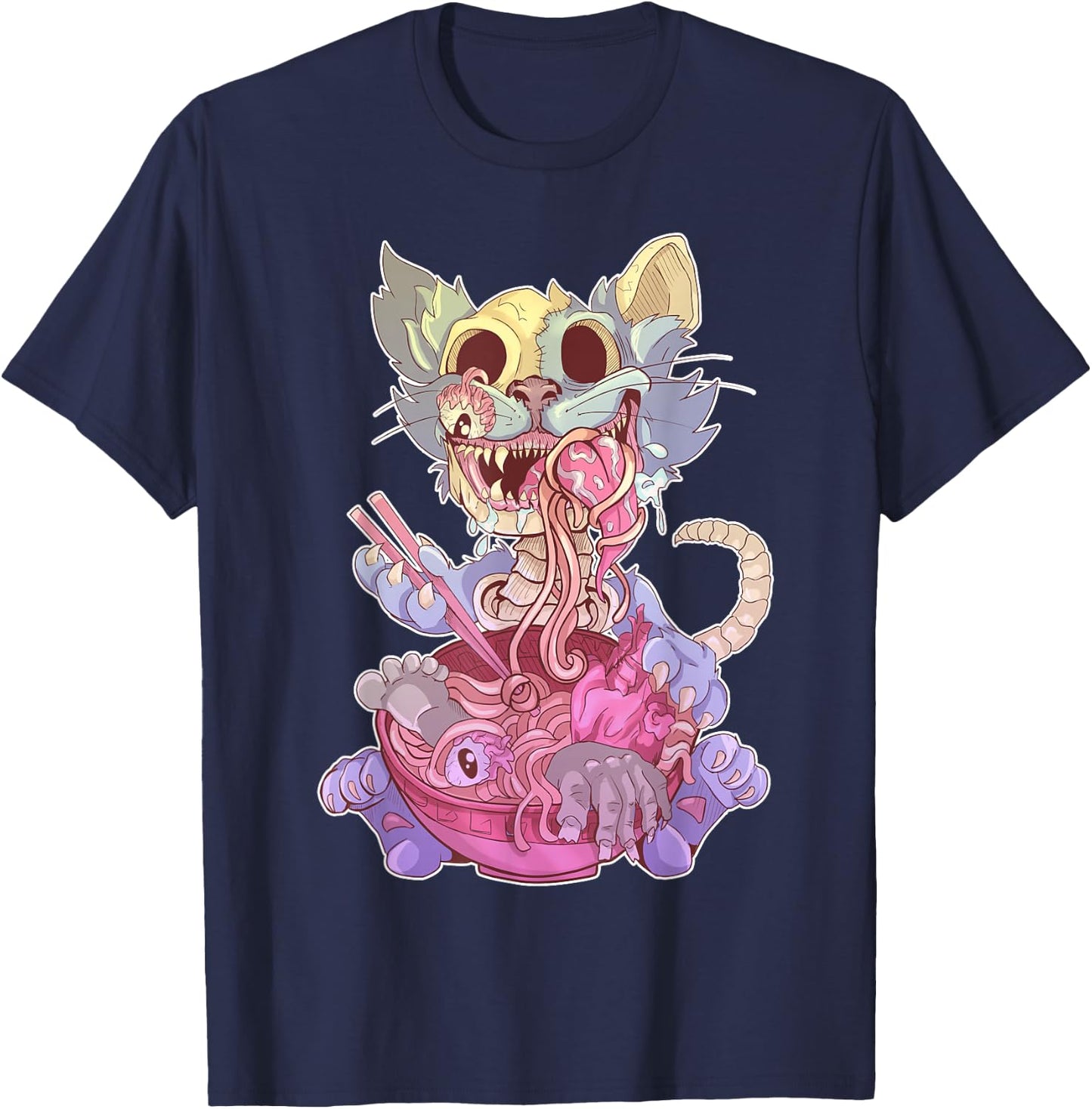 Ramen Shirt Pastel Goth Kawaii Weird Cat Eating Ramen Otaku T-Shirt - T-Shirt | Navy