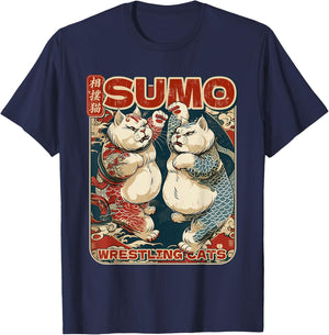 Japanese Sumo Wrestling Cats Men Women Kids T-Shirt - T-Shirt | Navy