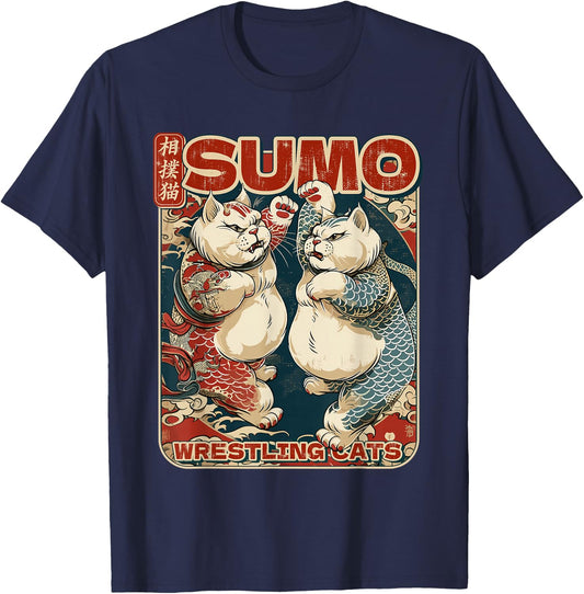 Japanese Sumo Wrestling Cats Men Women Kids T-Shirt - T-Shirt | Navy