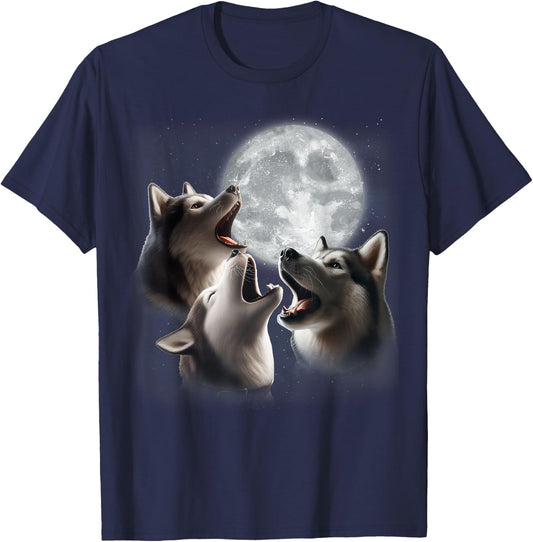 3 Husky Howling At The Moon Funny Siberian Husky Dog Lover T-Shirt - T-Shirt | Navy