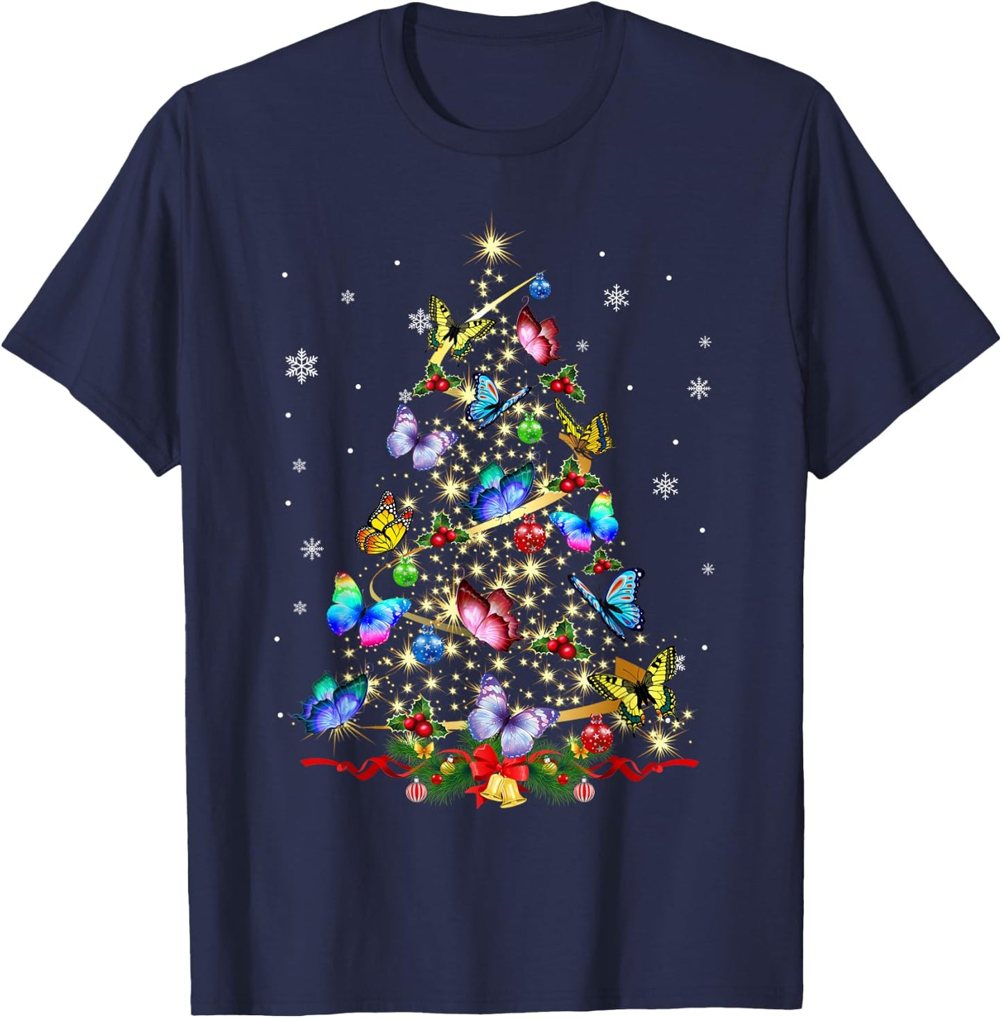 Butterfly Christmas Tree Lights Girl Xmas Cute Butterfly T-Shirt - T-Shirt | Navy