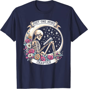 Just One More Chapter Skeleton Read Book Floral Book Lover T-Shirt - T-Shirt | Navy