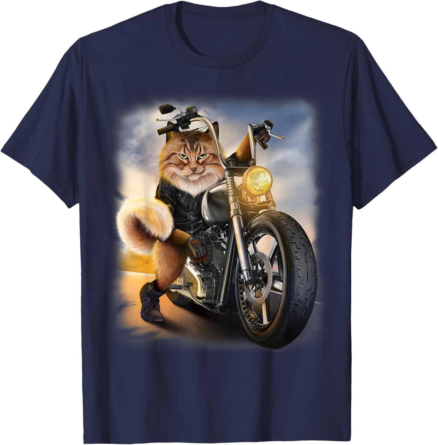Biker Tabby Cat Riding Chopper Motorcycle Women Kids T-Shirt - T-Shirt | Navy