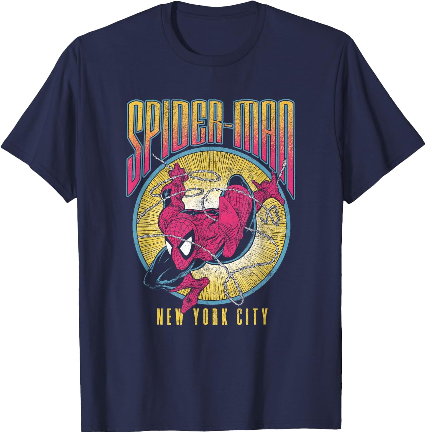 Marvel Spider-Man Swinging Through NYC Distressed Big Poster T-Shirt - T-Shirt | Navy