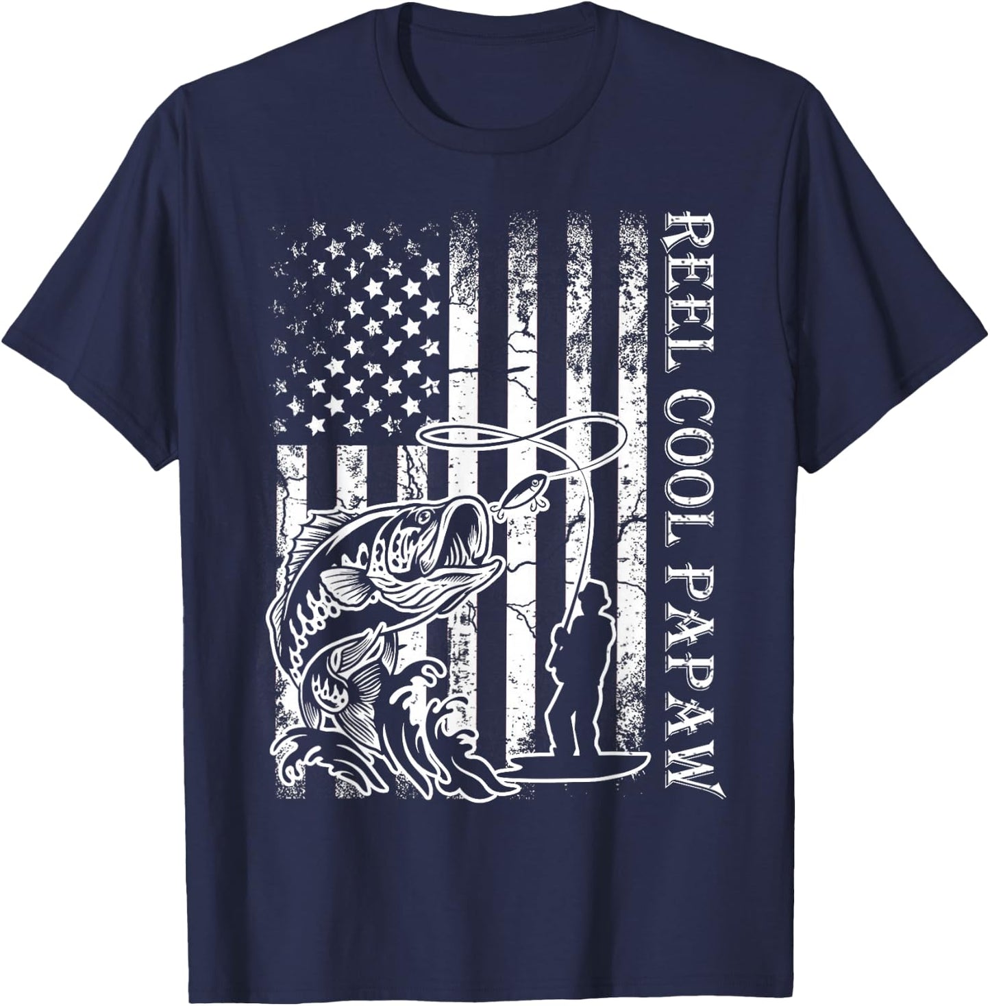 Fishing Reel Cool Papaw American Flag Fathers Day T-Shirt - T-Shirt | Navy