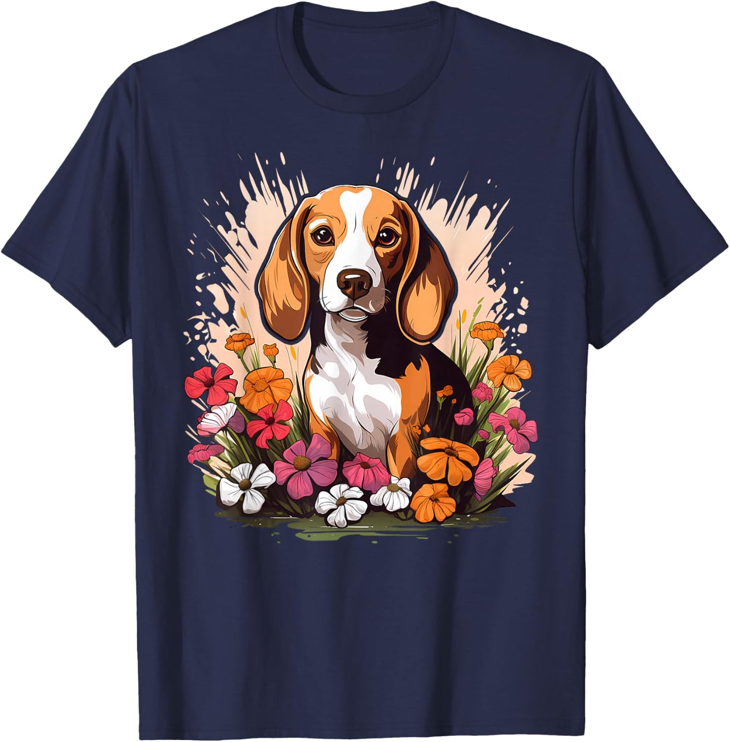Cute Beagle Spring Flower Garden Beautiful Nature Puppy Dog T-Shirt - T-Shirt | Navy