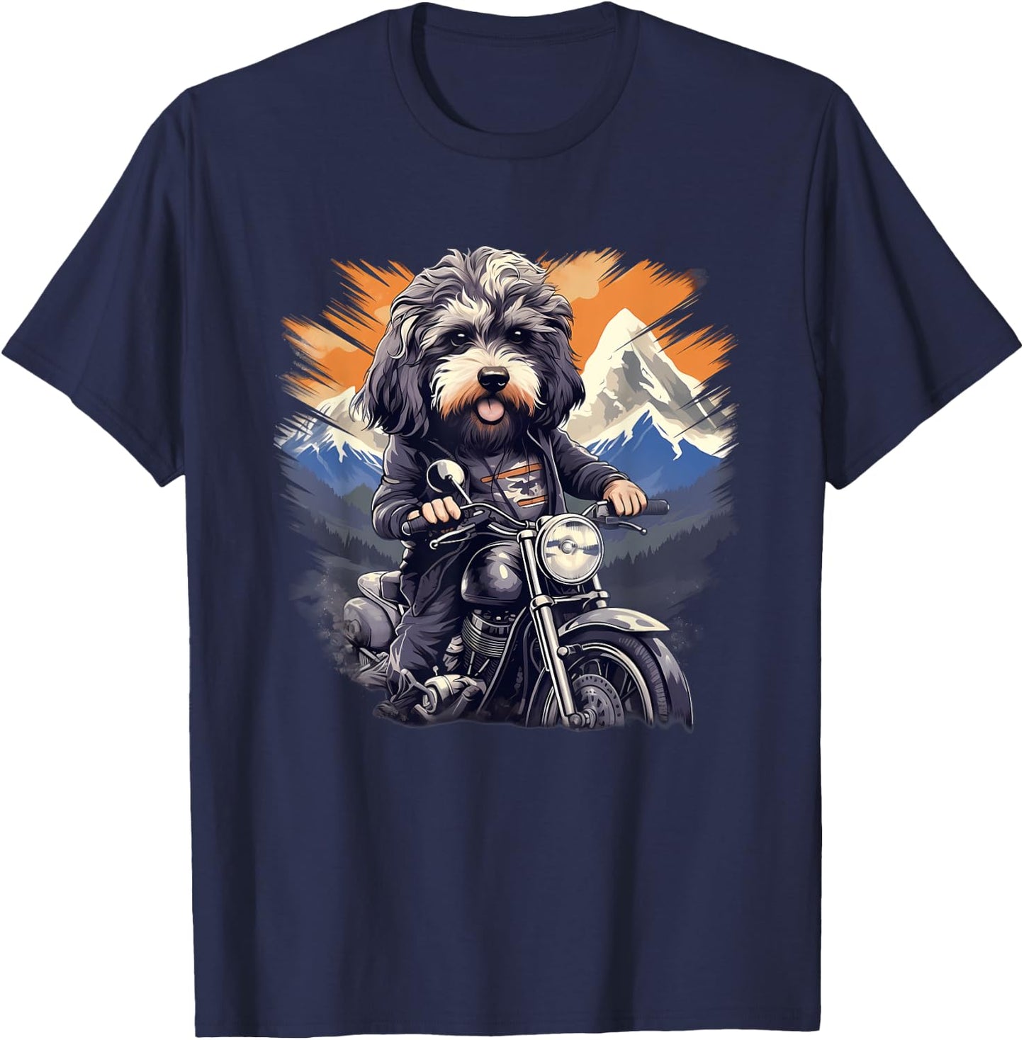 Biker Aussiedoodle Dog Riding Motorbike T-Shirt - T-Shirt | Navy