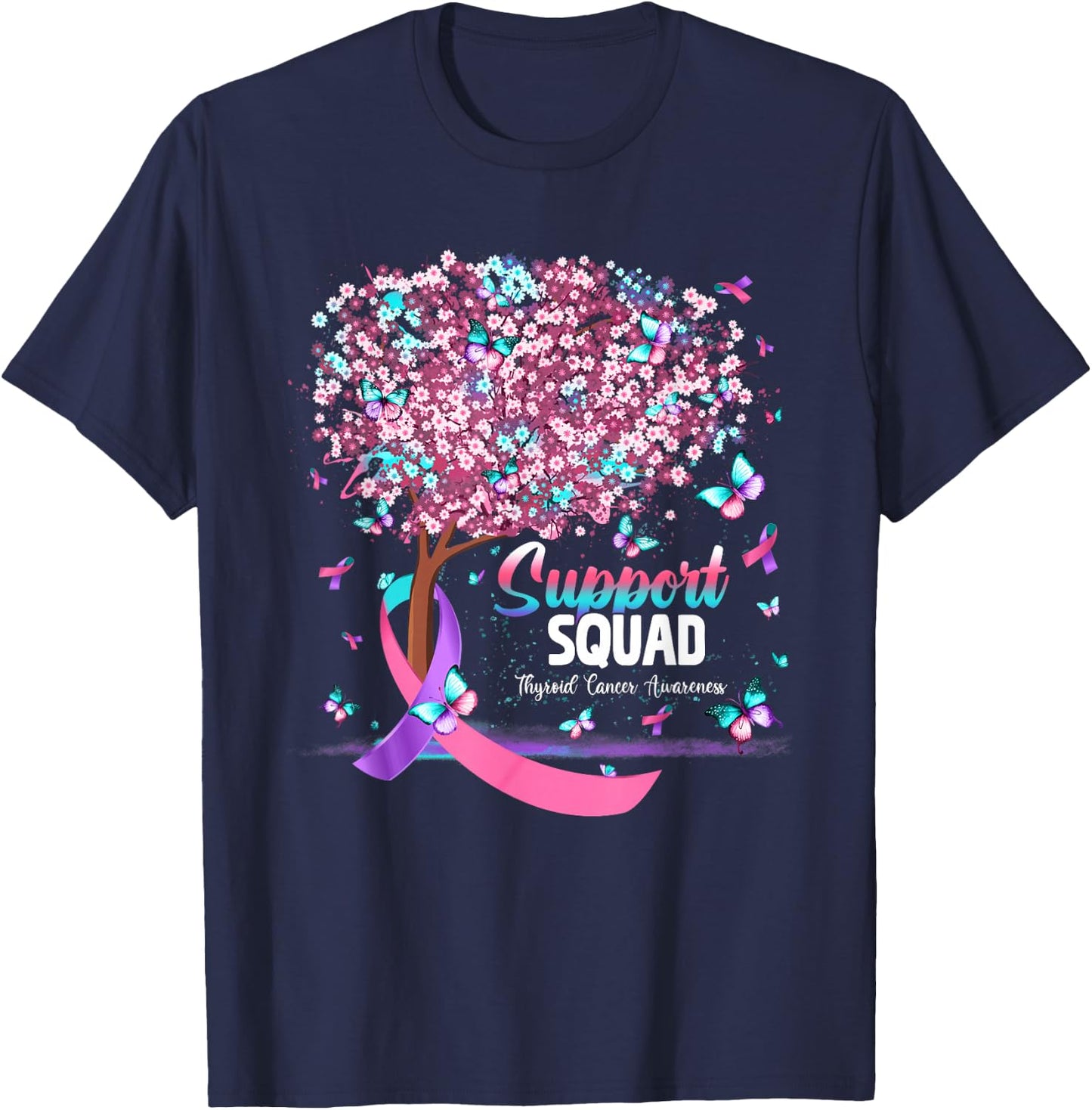 Support Squad Butterfly Purple Pink Ribbon Thyroid Cancer T-Shirt - T-Shirt | Navy