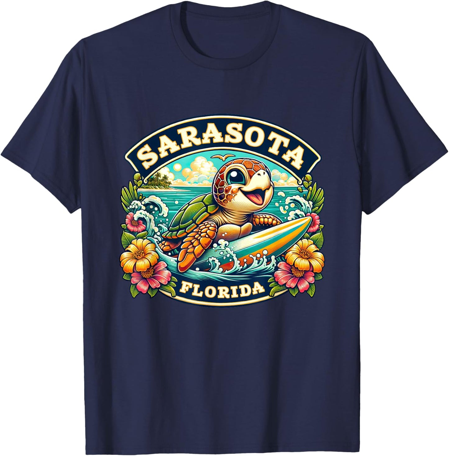 Sarasota Florida Cute Sea Turtle Surfing T-Shirt - T-Shirt | Navy