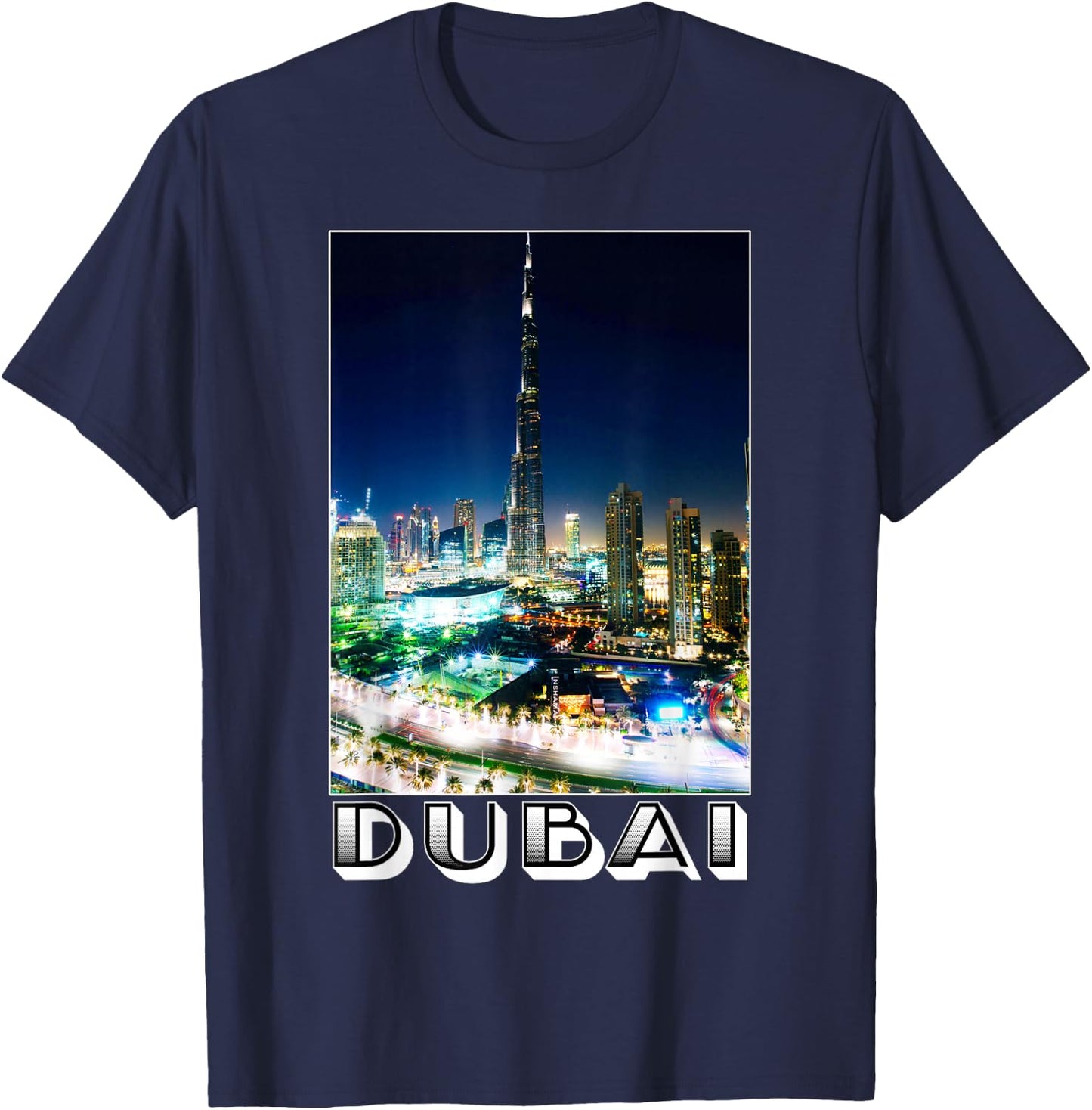 Dubai Cityscape at Night Burj Khalifa Tower - Dubai Tourist T-Shirt - T-Shirt | Navy