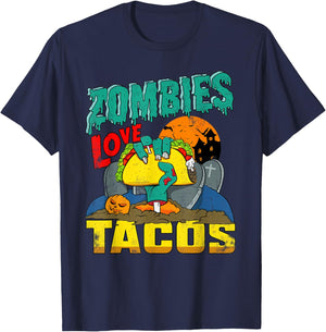 Zombies Love Tacos | Coming Out Of Ground Trick Or Treating T-Shirt - T-Shirt | Navy