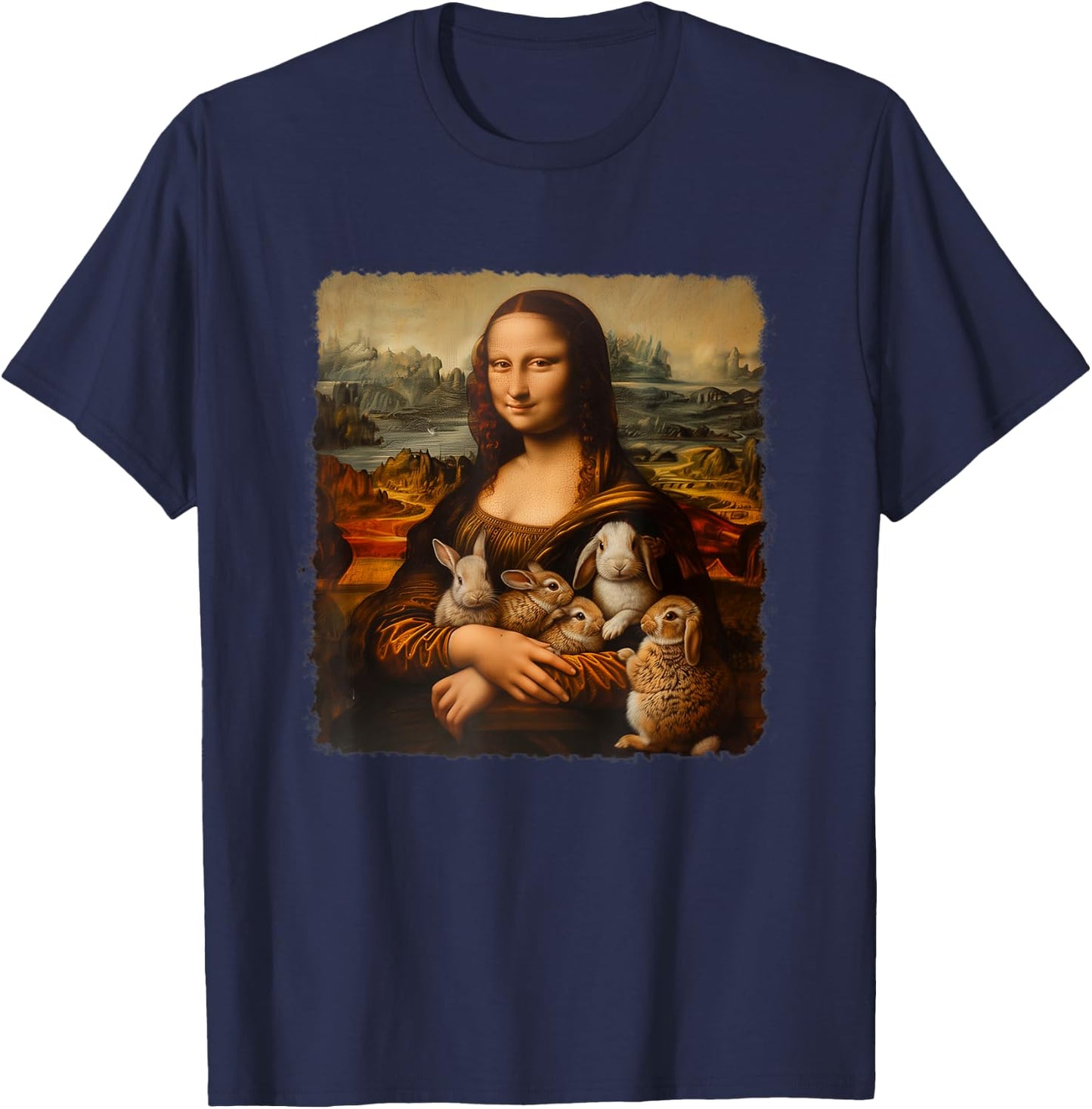 Mona Lisa With with Rabbits Funny Rabbit Art Painting T-Shirt - T-Shirt | Navy