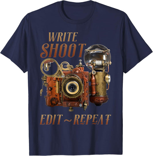 Write Shoot Edit Repeat Steampunk Flash Filmmaker T-Shirt - T-Shirt | Navy