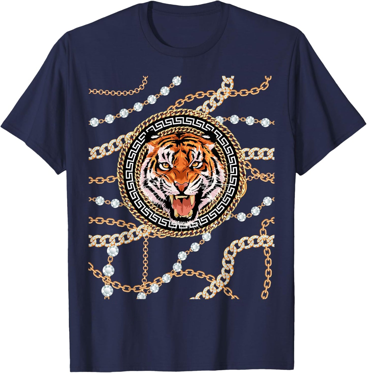Rich Wild Tiger with Printed Gold Chains & Diamonds Style T-Shirt - T-Shirt | Navy