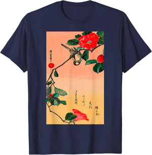 Japanese Art Sunset Bird Cherry Blossom Graphic T-Shirt - T-Shirt | Navy