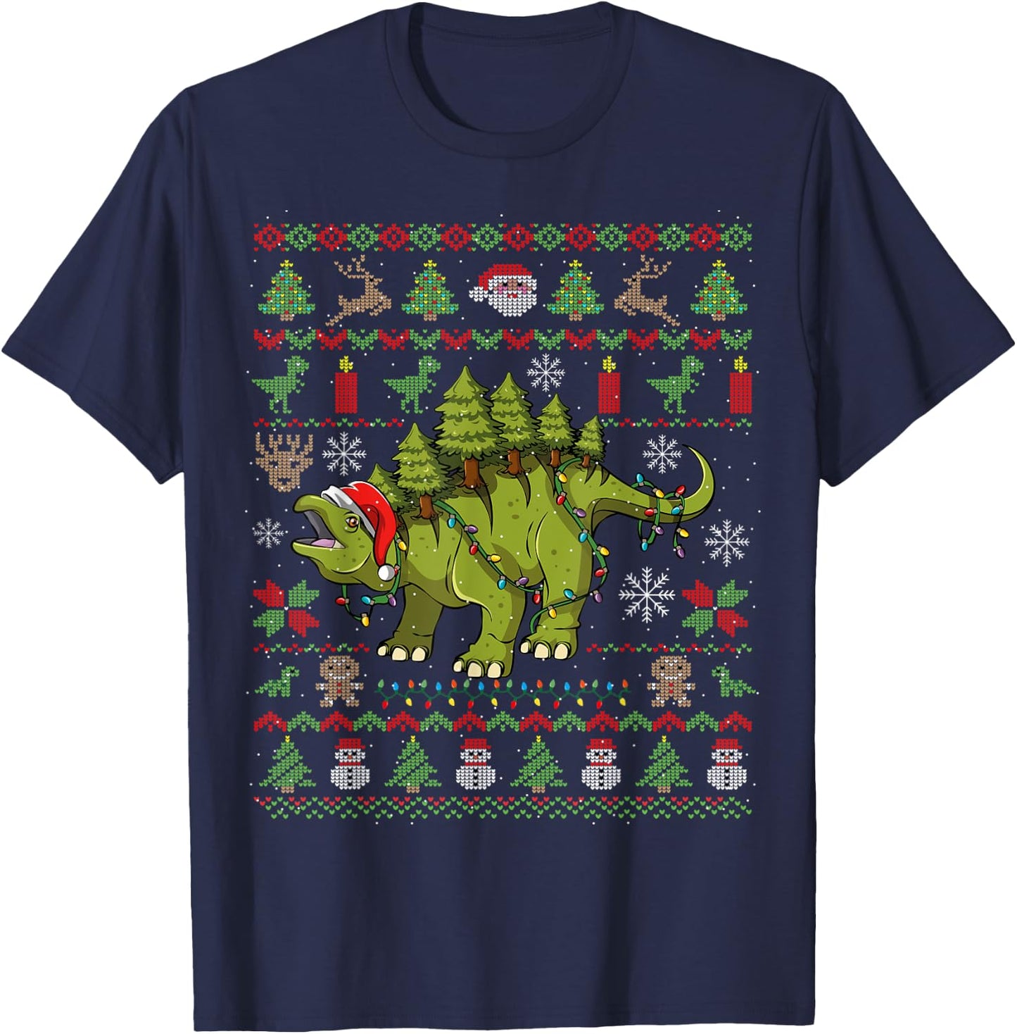 Stegosaurus Ugly Christmas Dinosaur Dino T-Shirt - T-Shirt | Navy