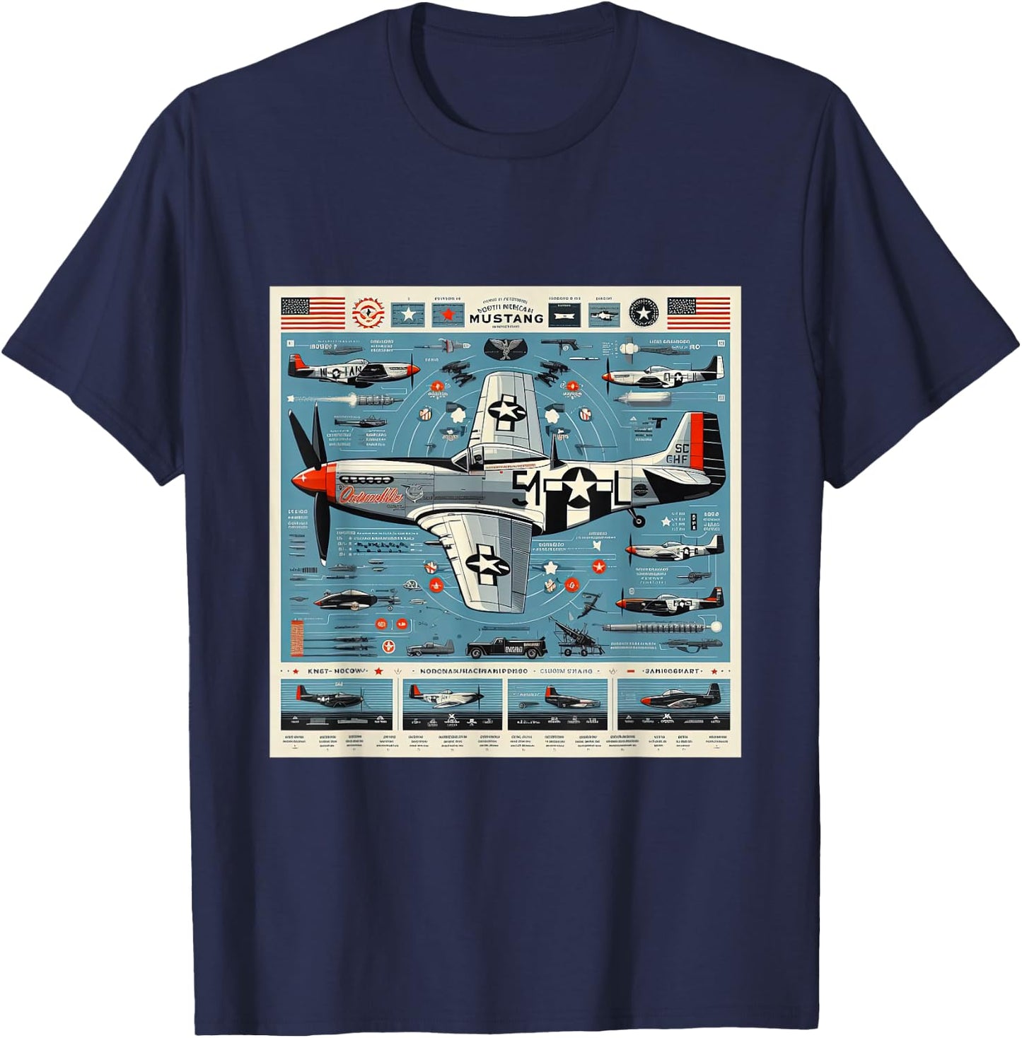 P51 Mustang WW2 Warplane Airplane Infographics T-Shirt - T-Shirt | Navy