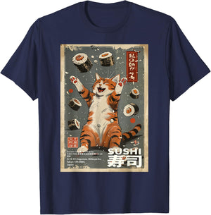 The Way I Roll: Sushi Cat Cafe Japanese Art Print Graphic T-Shirt - T-Shirt | Navy
