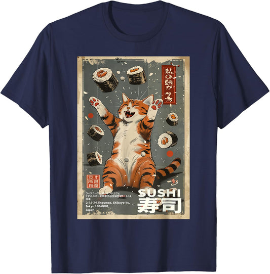 The Way I Roll: Sushi Cat Cafe Japanese Art Print Graphic T-Shirt - T-Shirt | Navy