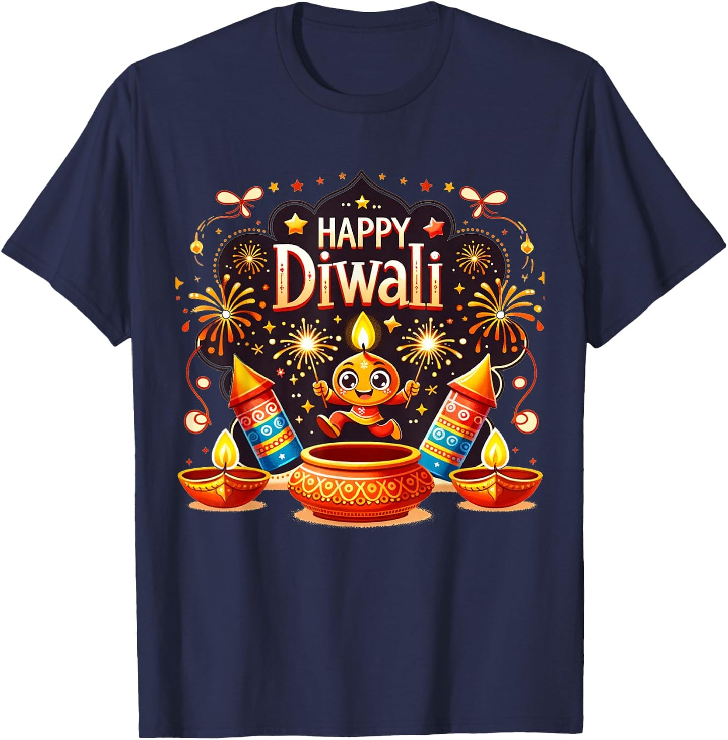 Happy Diwali: Dancing Diyas & Firecracker Candle Celebration T-Shirt - T-Shirt | Navy