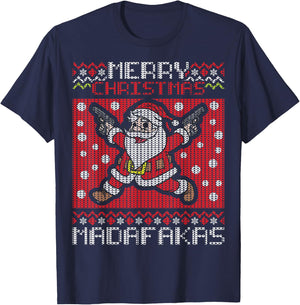 Merry Christmas Madafakas Festive Santa Claus Shooting Guns T-Shirt - T-Shirt | Navy