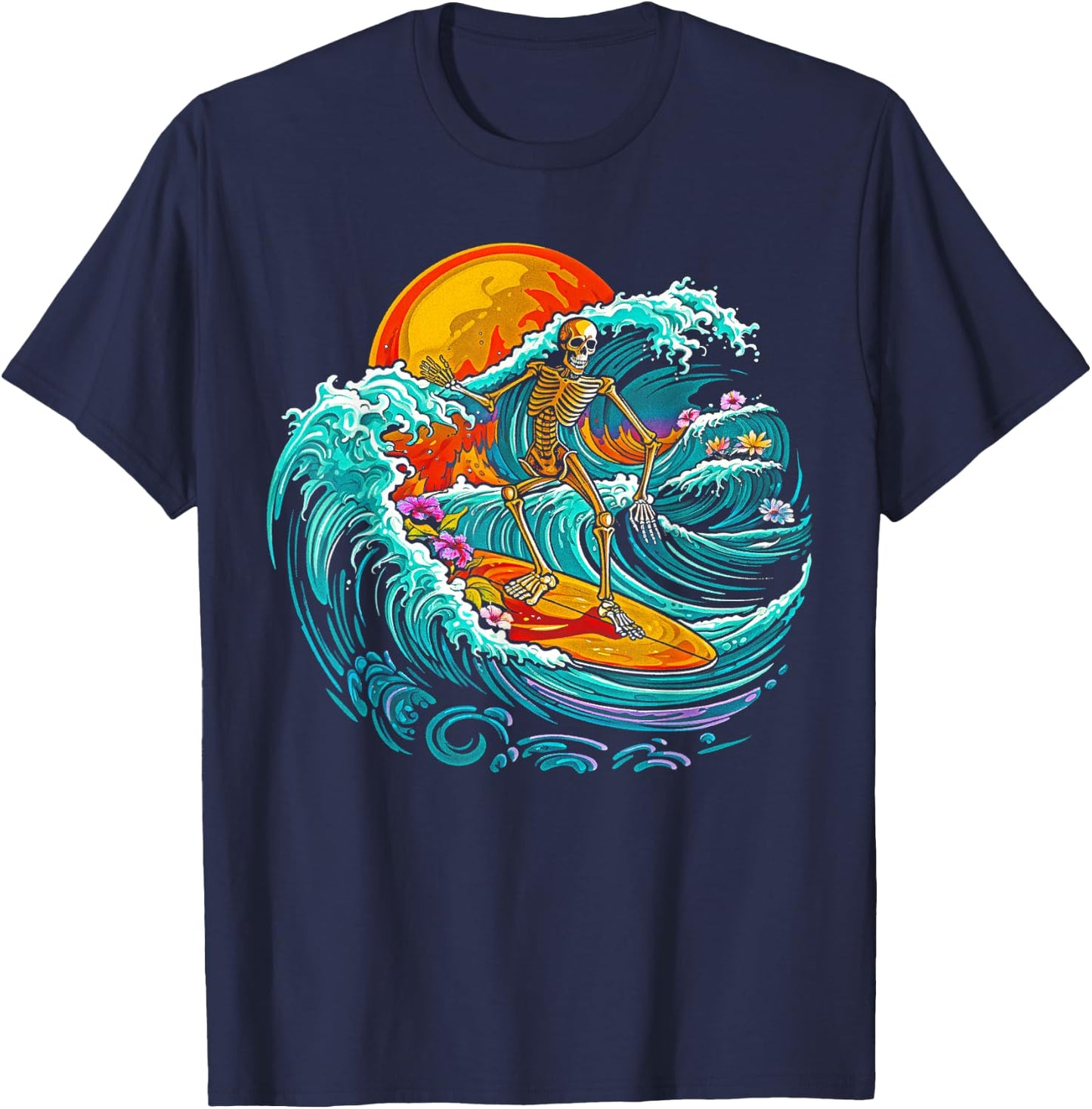 Skull Skeleton Surfer Wave Beach Vintage Funny 80s 80s T-Shirt - T-Shirt | Navy