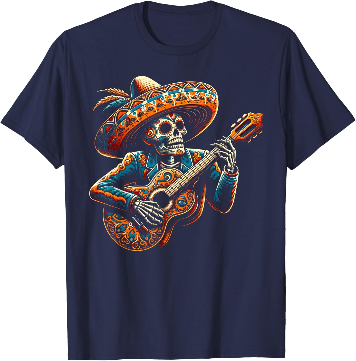 Funny Cinco De Mayo Skeleton Skull Fiesta Sombreros Guitar T-Shirt - T-Shirt | Navy