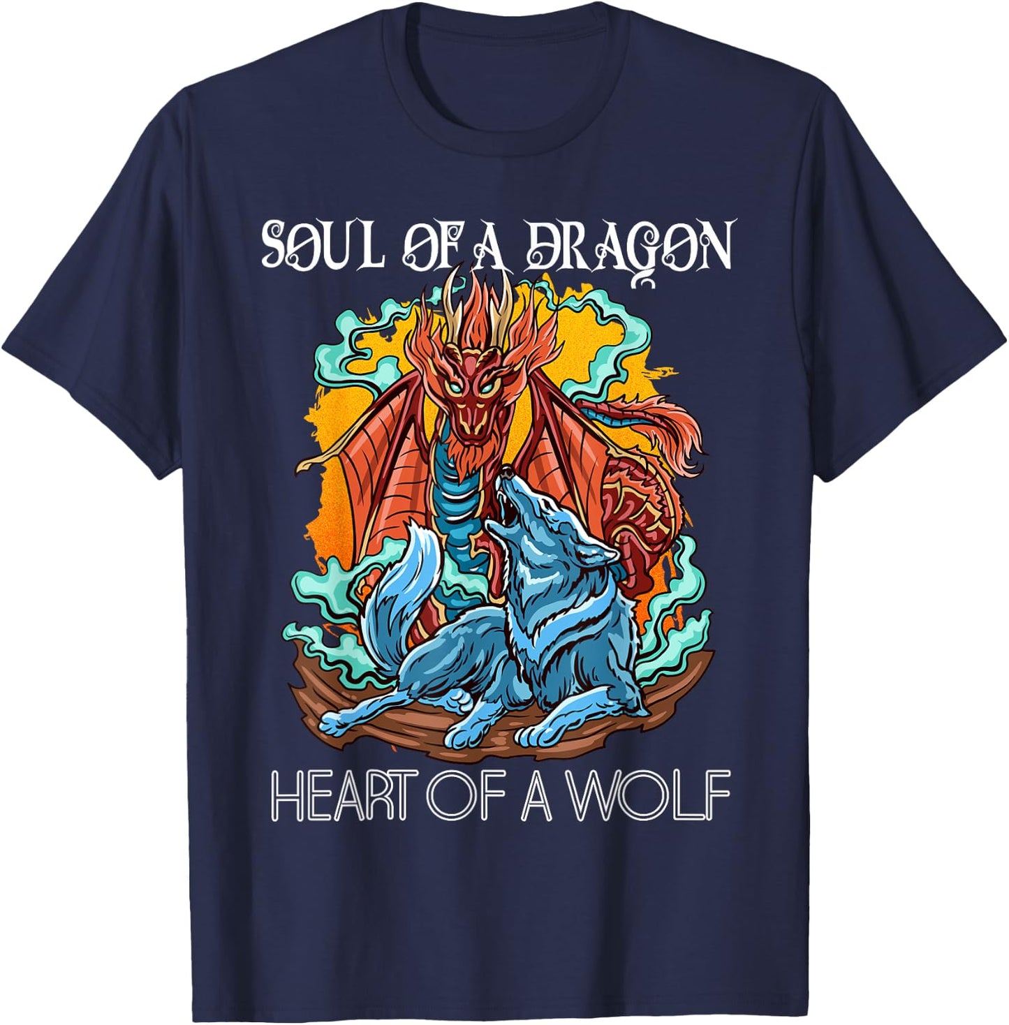 Heart of a Wolf Soul of a Dragon Goth Dragon and Wolf T-Shirt - T-Shirt | Navy