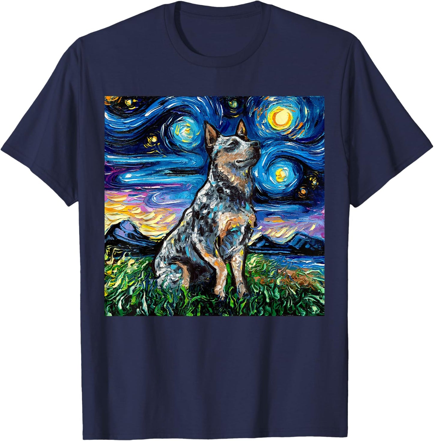 Blue Heeler Starry Night Australian Cattle Dog Art by Aja T-Shirt - T-Shirt | Navy