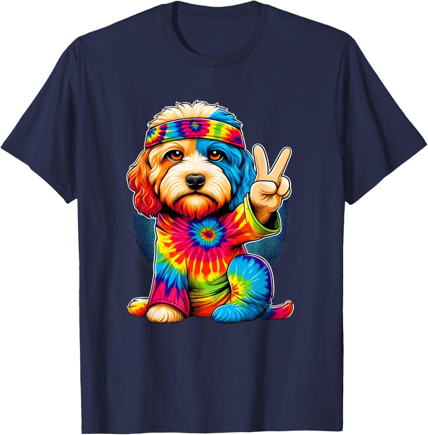 Peace Sign Tie Dye Cavapoo dog T-Shirt - T-Shirt | Navy