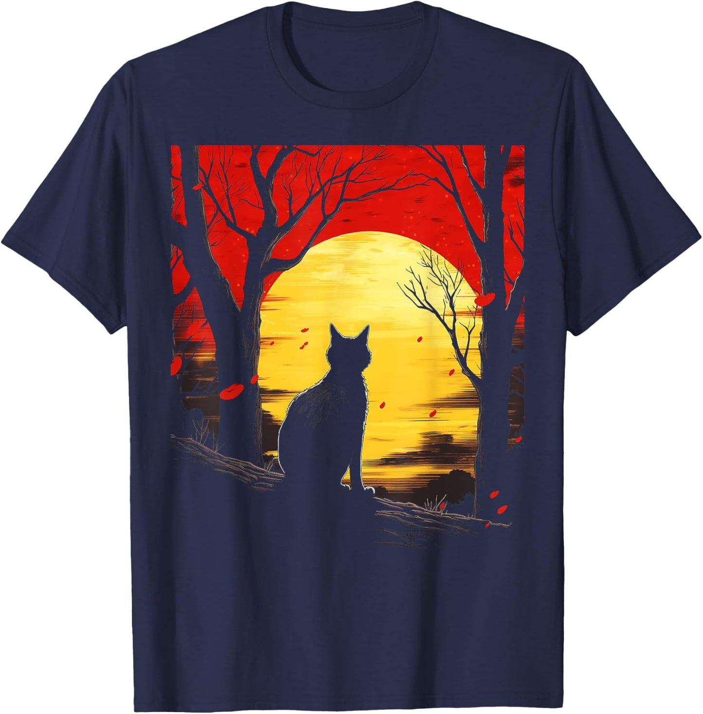 Cat Nature Moon Animal Art Graphic Motif Cat T-Shirt - T-Shirt | Navy