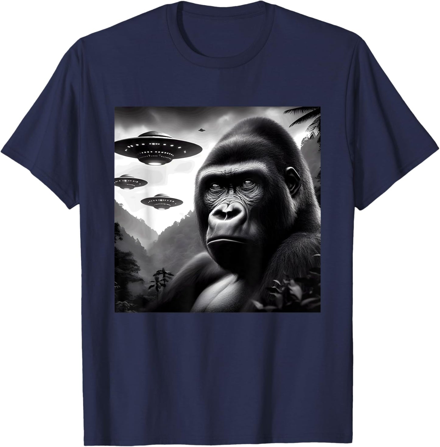 Gorilla Monkey Funny Graphic Selfie with UFOs Weird Aliens T-Shirt - T-Shirt | Navy