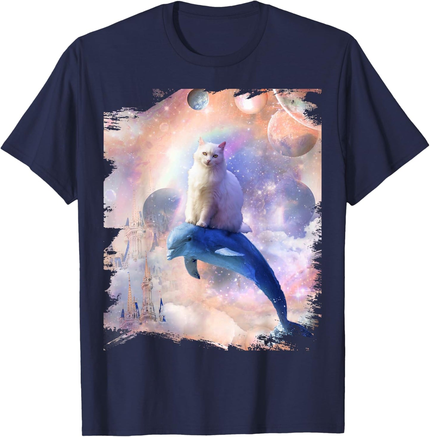 Space Cat Riding Dolphin Men Women Kids T-Shirt - T-Shirt | Navy