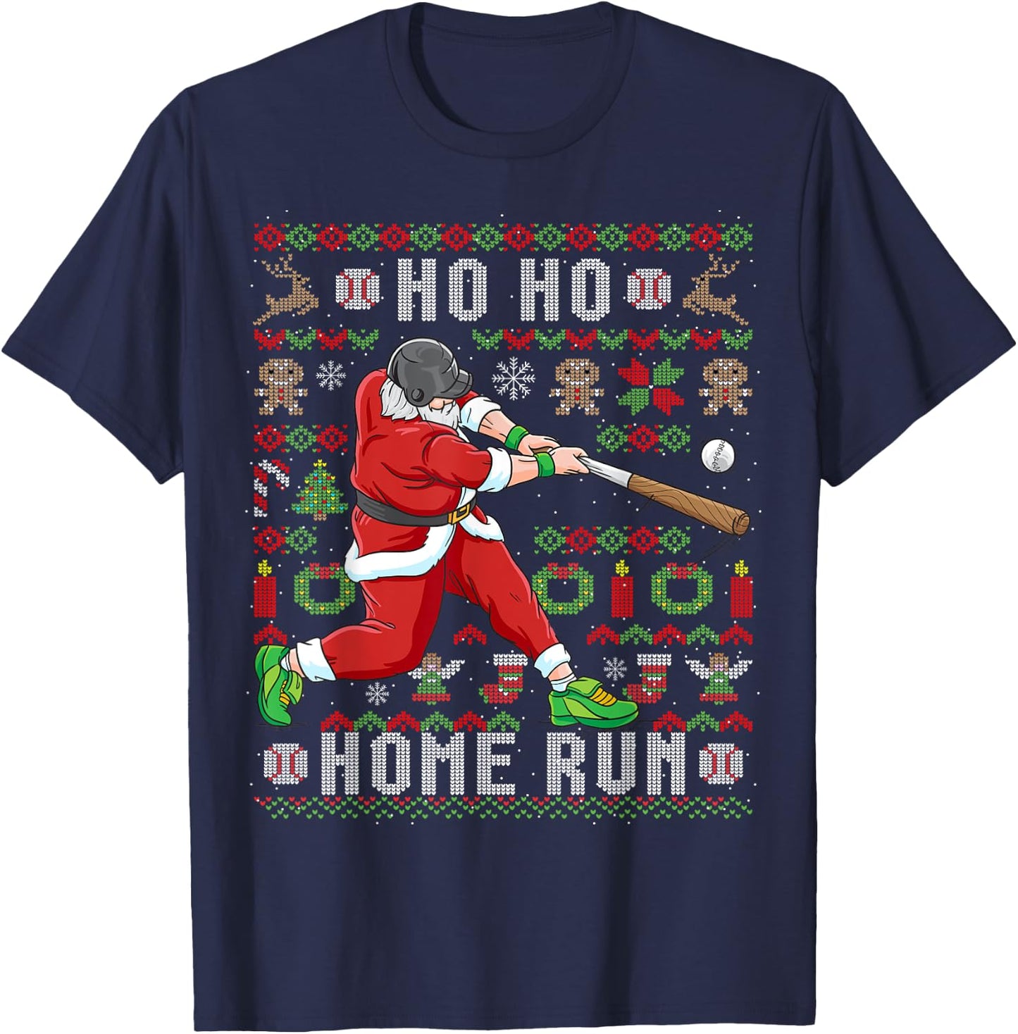 Ugly Christmas Baseball Ho Ho Home Run Funny Gift T-Shirt - T-Shirt | Navy